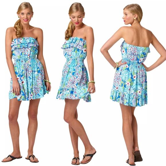 Lilly Pulitzer Dress Quincy Worth Blue May Flowers Strapless Beach Vacation S - Picture 14 of 14